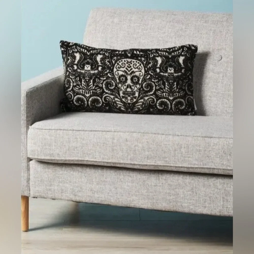 NWT Deco Throw Pillow Halloween Black Jacquard Bats Skulls Novogratz 14x24